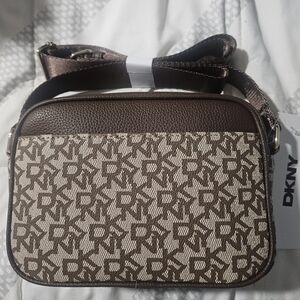 DKNY Camera Crossbody Bag Brown Chocolate Logo Print Adjustable Strap